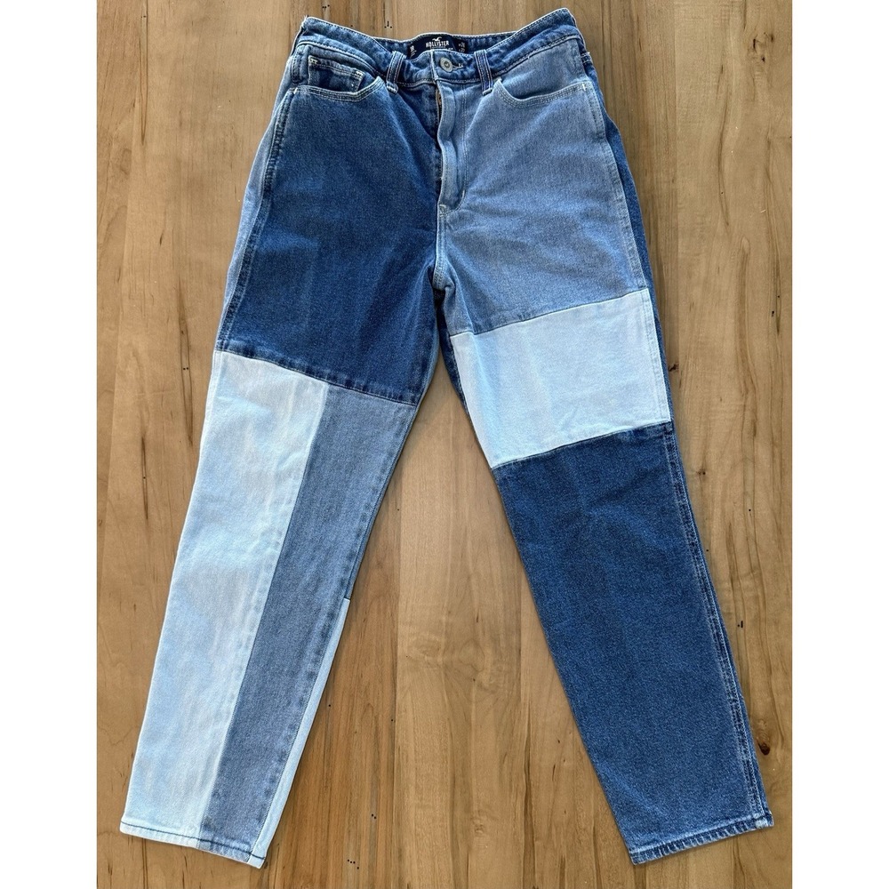 Hollister Ultra High Rise Mom Jeans W26 L27 3R Patchwork Colorblock Blue Denim